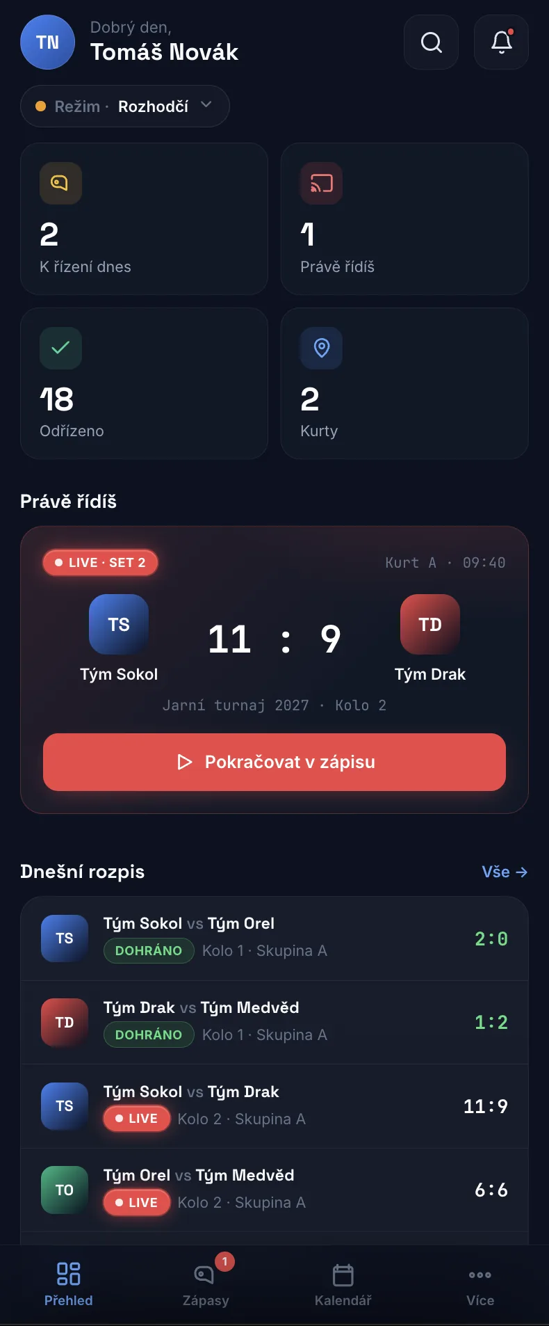 Konzole rozhodciho na mobilu